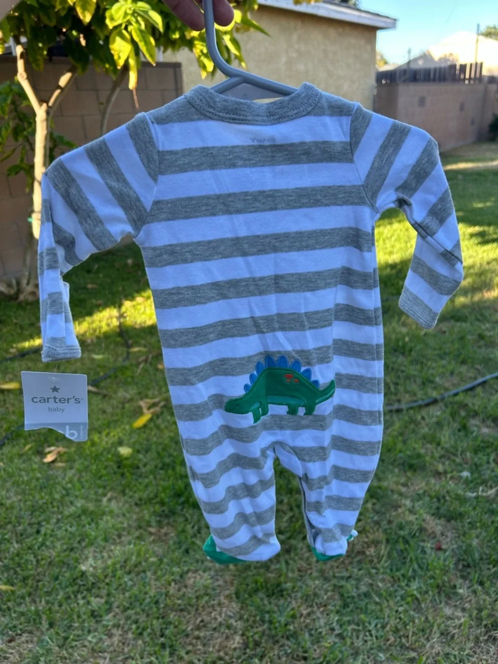 Carter’s Grey & White Striped Baby One-Piece with Green Dino Accent